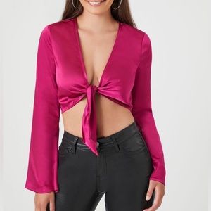 Bell sleeve tie front top in pink